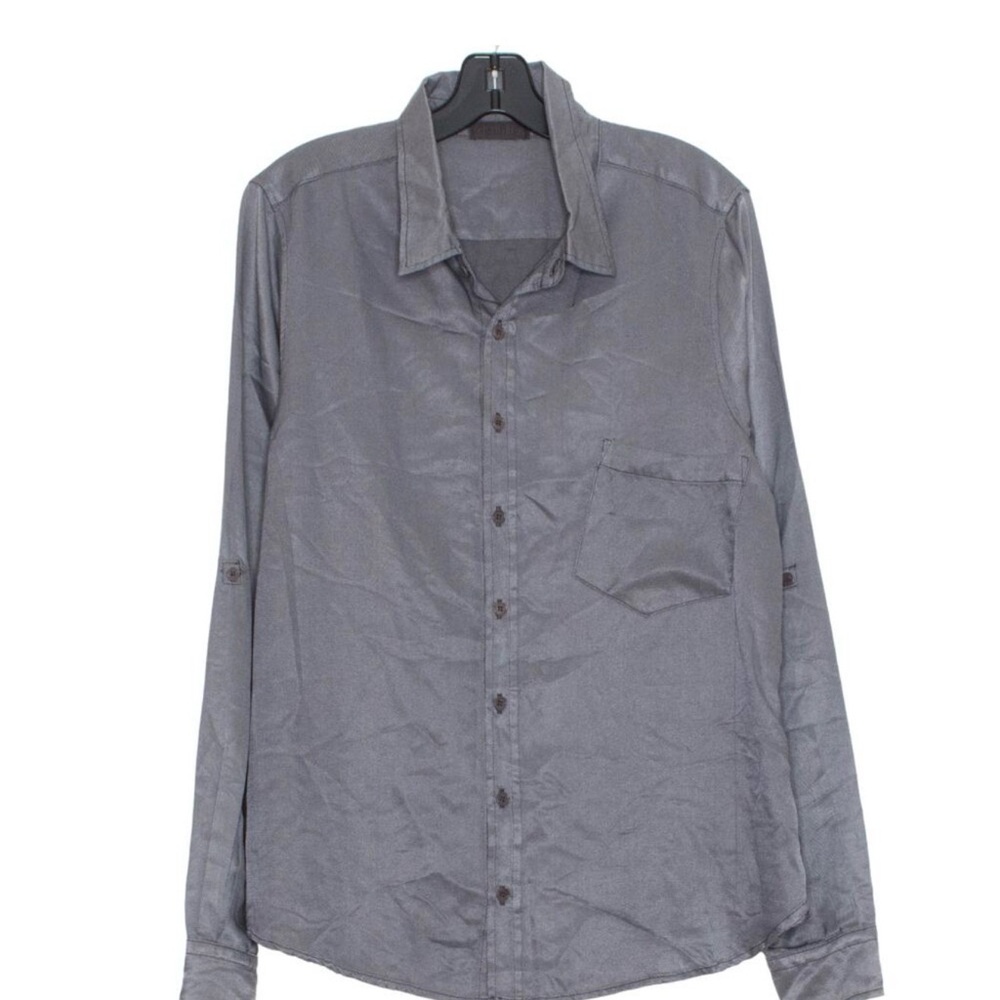 CP Shades Womens Top Silk Minimalist Workwear Preppy Casual Button Up Gray Large